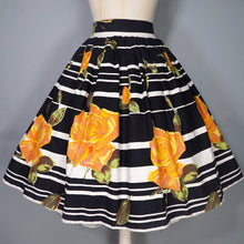 Load image into Gallery viewer, 60s BLACK STRIPE AND HUGE ORANGE ROSE PRINT FULL SKIRT - 26.5&quot;