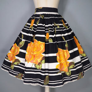 60s BLACK STRIPE AND HUGE ORANGE ROSE PRINT FULL SKIRT - 26.5"