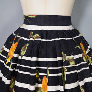 60s BLACK STRIPE AND HUGE ORANGE ROSE PRINT FULL SKIRT - 26.5"