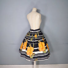 Load image into Gallery viewer, 60s BLACK STRIPE AND HUGE ORANGE ROSE PRINT FULL SKIRT - 26.5&quot;