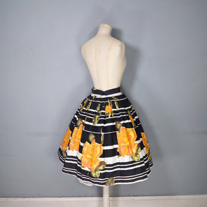 60s BLACK STRIPE AND HUGE ORANGE ROSE PRINT FULL SKIRT - 26.5"