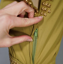 Load image into Gallery viewer, 40s SLINKY LIGHT GREEN RAYON JERSEY MAXI DRESS WITH GOLD STUDS - XS-S