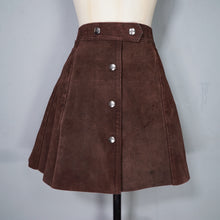 Load image into Gallery viewer, 70s CHESTNUT BROWN SUEDE LEATHER MINI POPPER FASTENED SKIRT - S