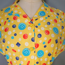 Load image into Gallery viewer, 40s BRIGHT YELLOW NOVELTY BUTTON PRINT SHIRT WAIST DAY DRESS - S