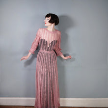 Load image into Gallery viewer, 1970s LIM&#39;S VINTAGE CROCHET DUSKY PINK LACE MAXI DRESS WITH FULL SWEEP - L