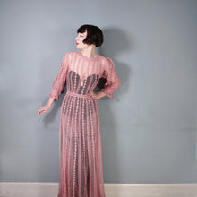 Load image into Gallery viewer, 1970s LIM&#39;S VINTAGE CROCHET DUSKY PINK LACE MAXI DRESS WITH FULL SWEEP - L