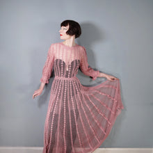 Load image into Gallery viewer, 1970s LIM&#39;S VINTAGE CROCHET DUSKY PINK LACE MAXI DRESS WITH FULL SWEEP - L