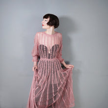 Load image into Gallery viewer, 1970s LIM&#39;S VINTAGE CROCHET DUSKY PINK LACE MAXI DRESS WITH FULL SWEEP - L