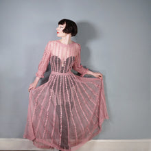 Load image into Gallery viewer, 1970s LIM&#39;S VINTAGE CROCHET DUSKY PINK LACE MAXI DRESS WITH FULL SWEEP - L