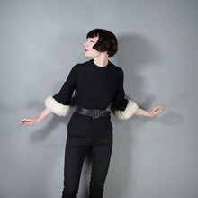 Load image into Gallery viewer, 60s BLACK CREPE EVENING WINTER BLOUSE TOP WITH FUR TRIMMED CUFFS - S
