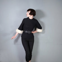 Load image into Gallery viewer, 60s BLACK CREPE EVENING WINTER BLOUSE TOP WITH FUR TRIMMED CUFFS - S
