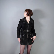Load image into Gallery viewer, 90s does 60s MOD BLACK SUEDE LEATHER POPPER FASTENED COAT WITH SELF BELT