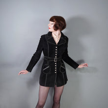Load image into Gallery viewer, 90s does 60s MOD BLACK SUEDE LEATHER POPPER FASTENED COAT WITH SELF BELT