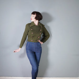 70s MISS LAGOTTE OLIVE GREEN DOUBLE BREASTED CROPPED MILITARY STYLE JACKET - S-M