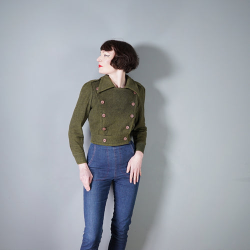 70s MISS LAGOTTE OLIVE GREEN DOUBLE BREASTED CROPPED MILITARY STYLE JACKET - S-M