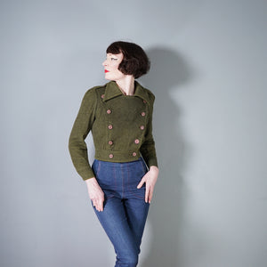 70s MISS LAGOTTE OLIVE GREEN DOUBLE BREASTED CROPPED MILITARY STYLE JACKET - S-M