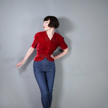 Load image into Gallery viewer, 40s RED VELVET ZIP FRONT BLOUSE WITH SWIRLING RHINESTONES - S-M