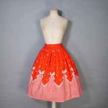 Load image into Gallery viewer, 60s RED AND WHITE BOW AND STRIPE BORDER PRINT FULL COTTON SKIRT - 24&quot;