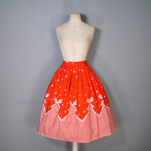60s RED AND WHITE BOW AND STRIPE BORDER PRINT FULL COTTON SKIRT - 24"