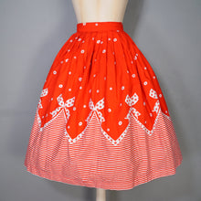 Load image into Gallery viewer, 60s RED AND WHITE BOW AND STRIPE BORDER PRINT FULL COTTON SKIRT - 24&quot;
