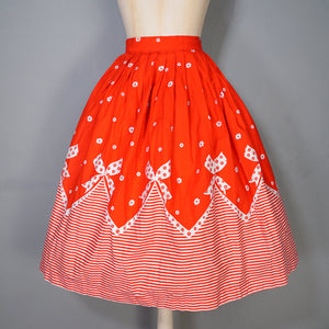 60s RED AND WHITE BOW AND STRIPE BORDER PRINT FULL COTTON SKIRT - 24"