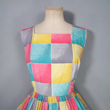 Load image into Gallery viewer, 50s BRIGHT COLOURFUL YELLOW PINK AND TURQUOISE CHECK DAY DRESS - S