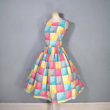 Load image into Gallery viewer, 50s BRIGHT COLOURFUL YELLOW PINK AND TURQUOISE CHECK DAY DRESS - S