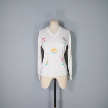Load image into Gallery viewer, 70s TIGIWEAR WHITE FINE ACRYLIC KNIT JUMPER WITH EMBROIDERED MUSHROOMS - M