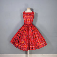 Load image into Gallery viewer, 50s RED FULL SKIRTED DRESS WITH HEART AND ROSE PRINT - S