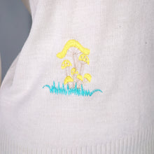 Load image into Gallery viewer, 70s TIGIWEAR WHITE FINE ACRYLIC KNIT JUMPER WITH EMBROIDERED MUSHROOMS - M