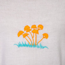 Load image into Gallery viewer, 70s TIGIWEAR WHITE FINE ACRYLIC KNIT JUMPER WITH EMBROIDERED MUSHROOMS - M