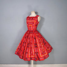 Load image into Gallery viewer, 50s RED FULL SKIRTED DRESS WITH HEART AND ROSE PRINT - S