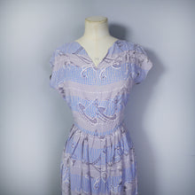 Load image into Gallery viewer, 40s BLUE GREY NOVELTY PRINT DRESS WITH LADIES AND DOGS AND CARRIAGES - S