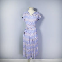 Load image into Gallery viewer, 40s BLUE GREY NOVELTY PRINT DRESS WITH LADIES AND DOGS AND CARRIAGES - S