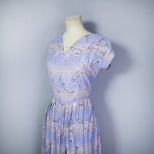 Load image into Gallery viewer, 40s BLUE GREY NOVELTY PRINT DRESS WITH LADIES AND DOGS AND CARRIAGES - S