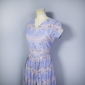 40s BLUE GREY NOVELTY PRINT DRESS WITH LADIES AND DOGS AND CARRIAGES - S