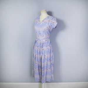 40s BLUE GREY NOVELTY PRINT DRESS WITH LADIES AND DOGS AND CARRIAGES - S