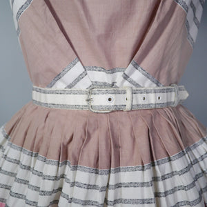 HOLYROOD 50s CHOCOLATE BROWN AND PINK STRIPE FULL SKIRTED SUN DRESS WITH BELT - XS-S
