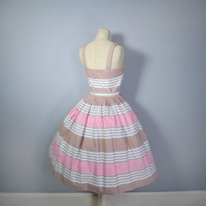 HOLYROOD 50s CHOCOLATE BROWN AND PINK STRIPE FULL SKIRTED SUN DRESS WITH BELT - XS-S