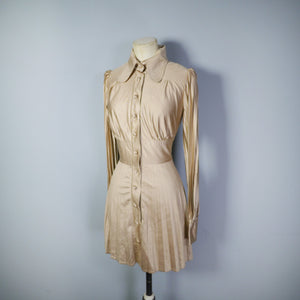 60s GOLDEN PALE BROWN PLEATED PARTY MINI DRESS WITH BEAGLE COLLAR - S