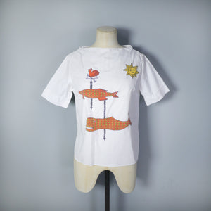 60s CROPPED WHITE COTTON SHIRT / TUNIC WITH FISH AND SUN MOTIF - S