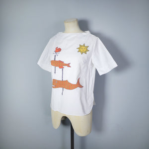 60s CROPPED WHITE COTTON SHIRT / TUNIC WITH FISH AND SUN MOTIF - S