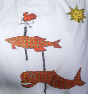 60s CROPPED WHITE COTTON SHIRT / TUNIC WITH FISH AND SUN MOTIF - S