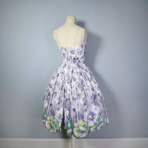50s GREY WHITE AND GREEN STRAPPY FLORAL BORDER PRINT SUN DRESS WITH SHAWL - XS