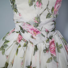 Load image into Gallery viewer, 50s WHITE CHIFFON DRESS WITH PINK FLORAL ROSE PRINT - S