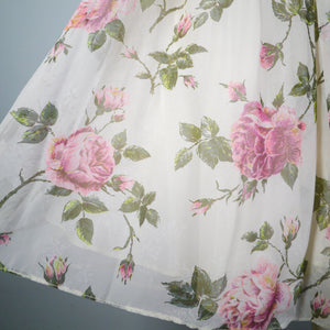 50s WHITE CHIFFON DRESS WITH PINK FLORAL ROSE PRINT - S