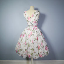 Load image into Gallery viewer, 50s WHITE CHIFFON DRESS WITH PINK FLORAL ROSE PRINT - S