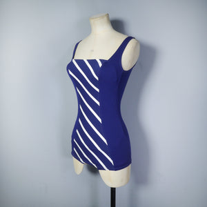 60s ST MICHAEL BLUE AND WHITE STRIPED NAUTICAL SCOOP BACK SWIMSUIT - XS