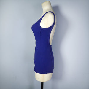 60s ST MICHAEL BLUE AND WHITE STRIPED NAUTICAL SCOOP BACK SWIMSUIT - XS