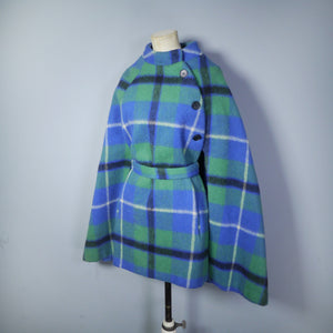 GREEN AND BLUE PLAID CHECK WOOL CAPE COAT WITH BELT - M